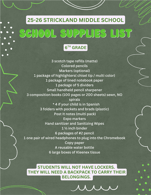 6th Grade Supply List